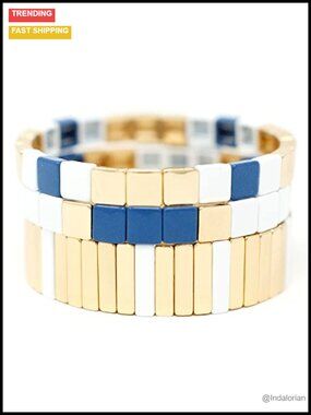Gold Tone Enamel Stackable Tile Stretch Bracelets for Women Layering Jewelry